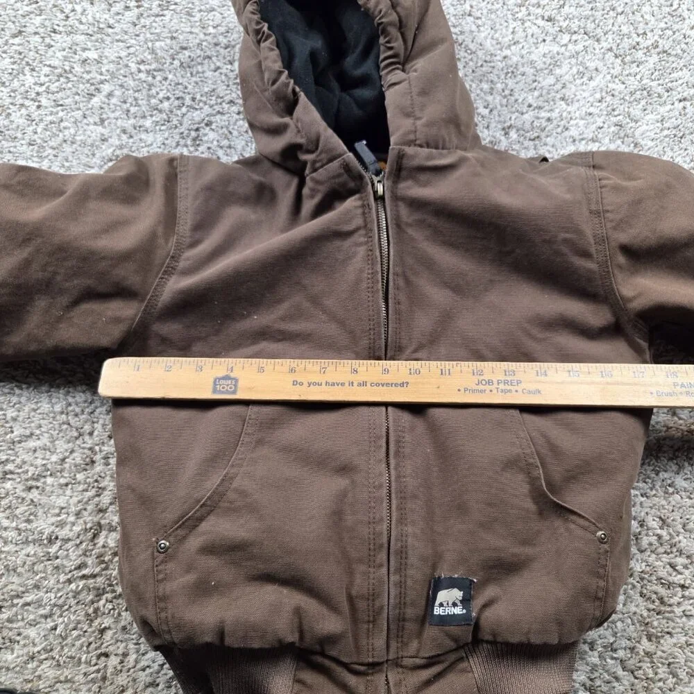 Berne Jacket Youth Small Brown Hooded Lined Zip Tan Work Wear Canvas Farm